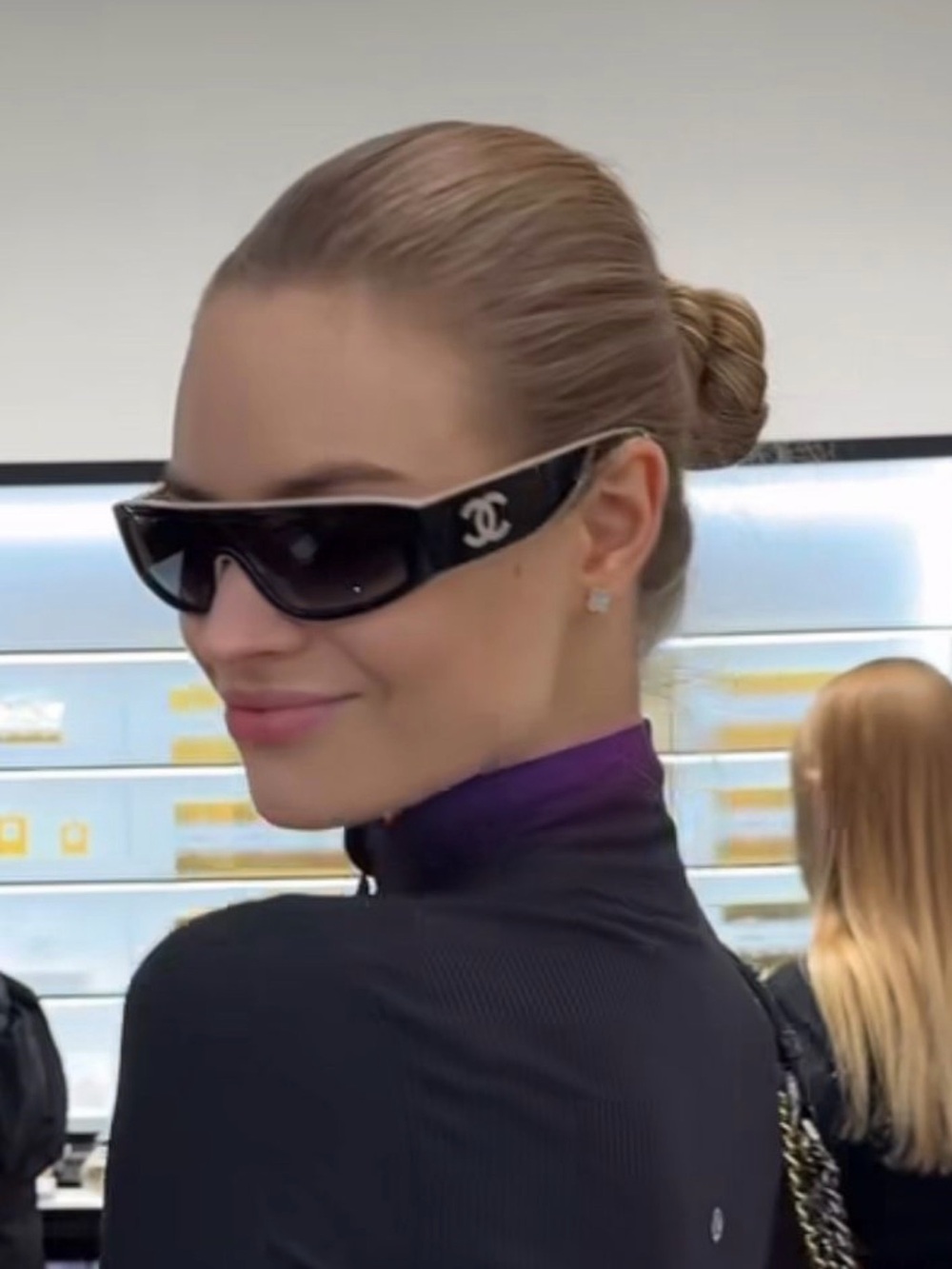 CHANEL Black Shield Sunglasses with Tan CC Logos